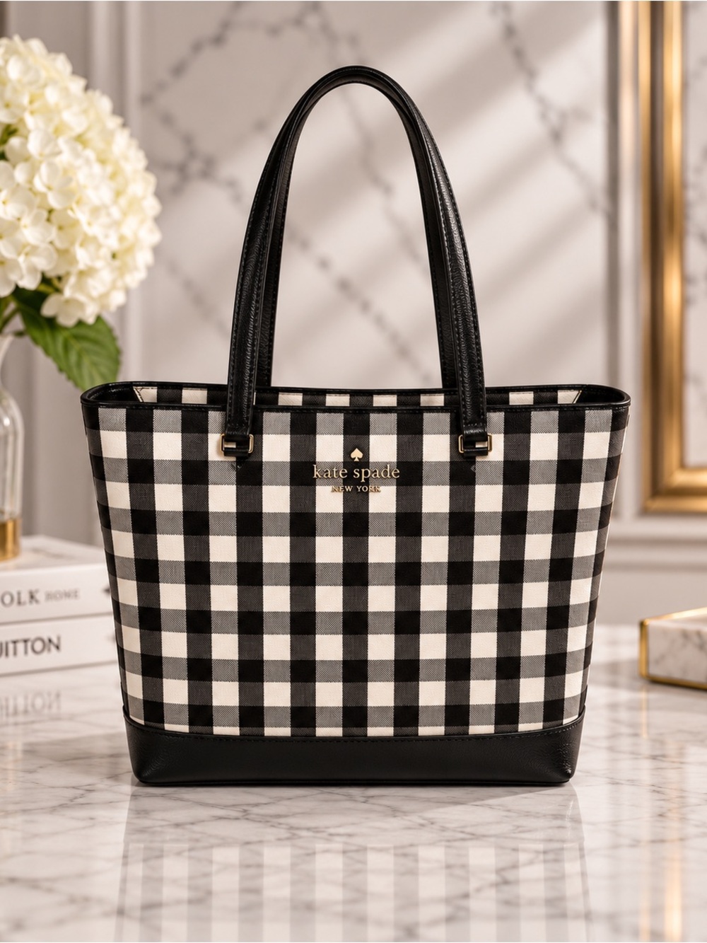 Kate Spade New York Black & White Gingham Zip Tote Bag Like New Condition